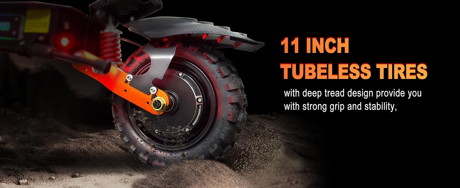 MetaMoov electric scooter 11-inch tubeless tires with deep tread for strong grip and stability