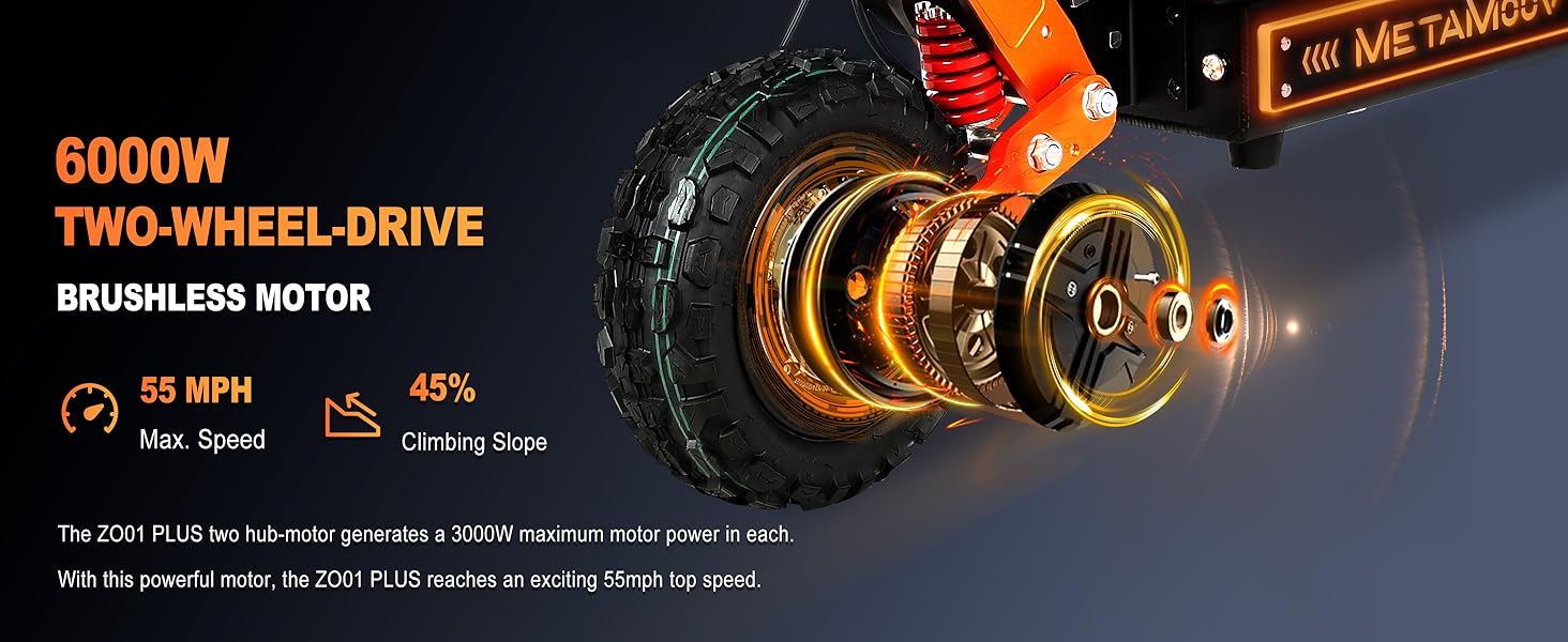 MetaMoov electric scooter featuring 6000W two-wheel-drive brushless motors with 55 mph top speed